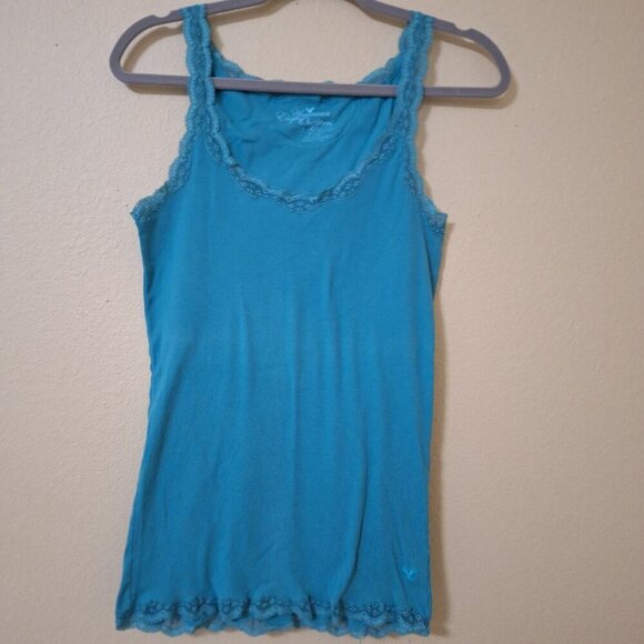 Vintage 2000s Y2K American Eagle Teal Lace Trimmed Slim Fit Ribbed Tank Top  Siz - Picture 1 of 5
